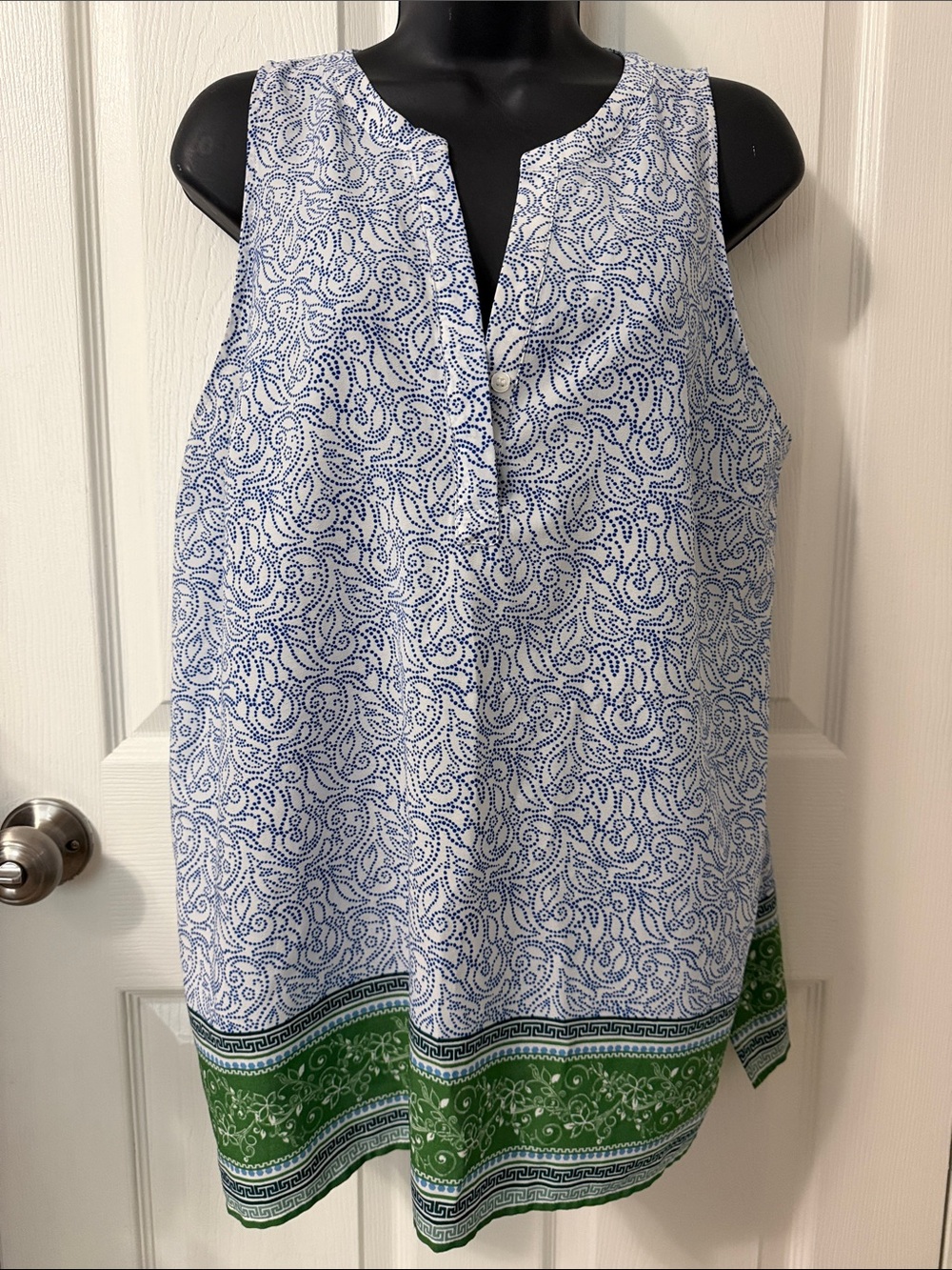 Dalia White and Blue Sleeveless Printed Tunic with Green Border